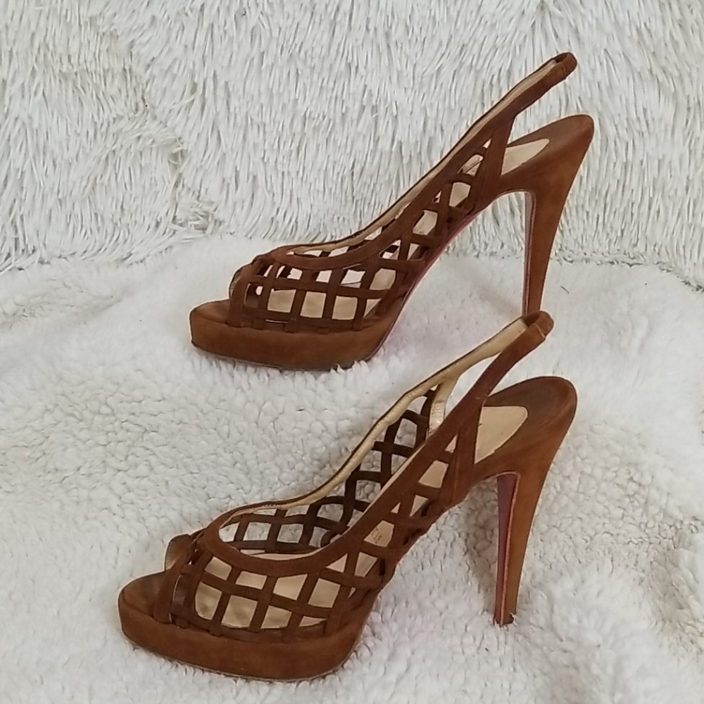 Christian Louboutin brown suede open shoes heels
